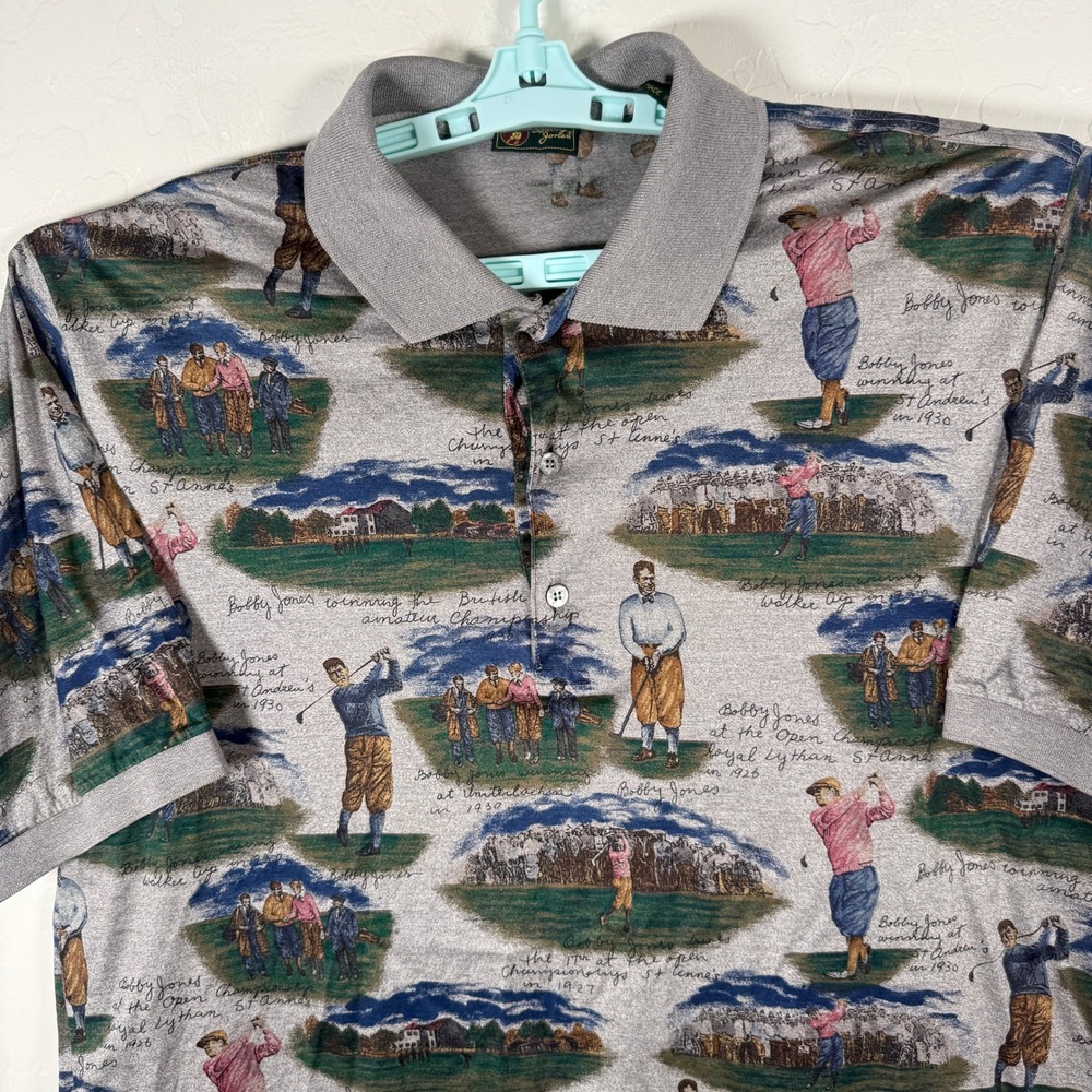Bobby Jones Polo Mens Large Gray Golf History Print Cotton Short Sleeve Stretch